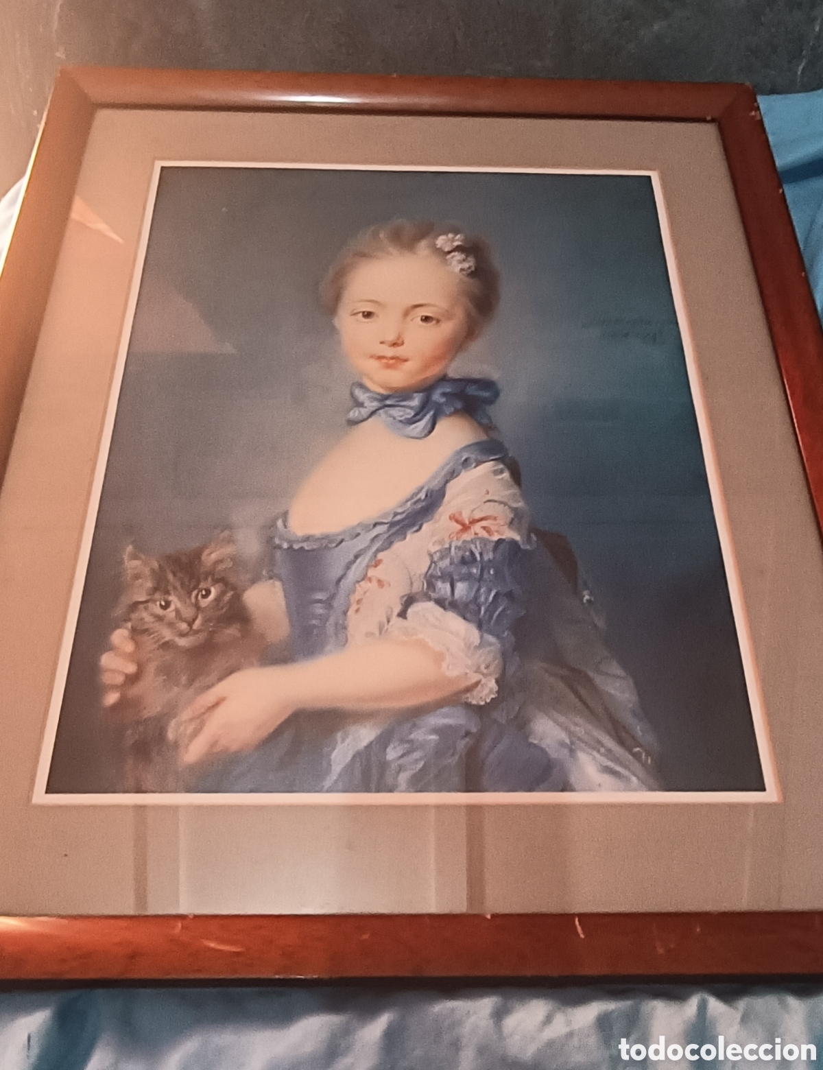 Antig&uuml;edades: Cuadro Vintage Ni&ntilde;a con Gato. - Foto 2