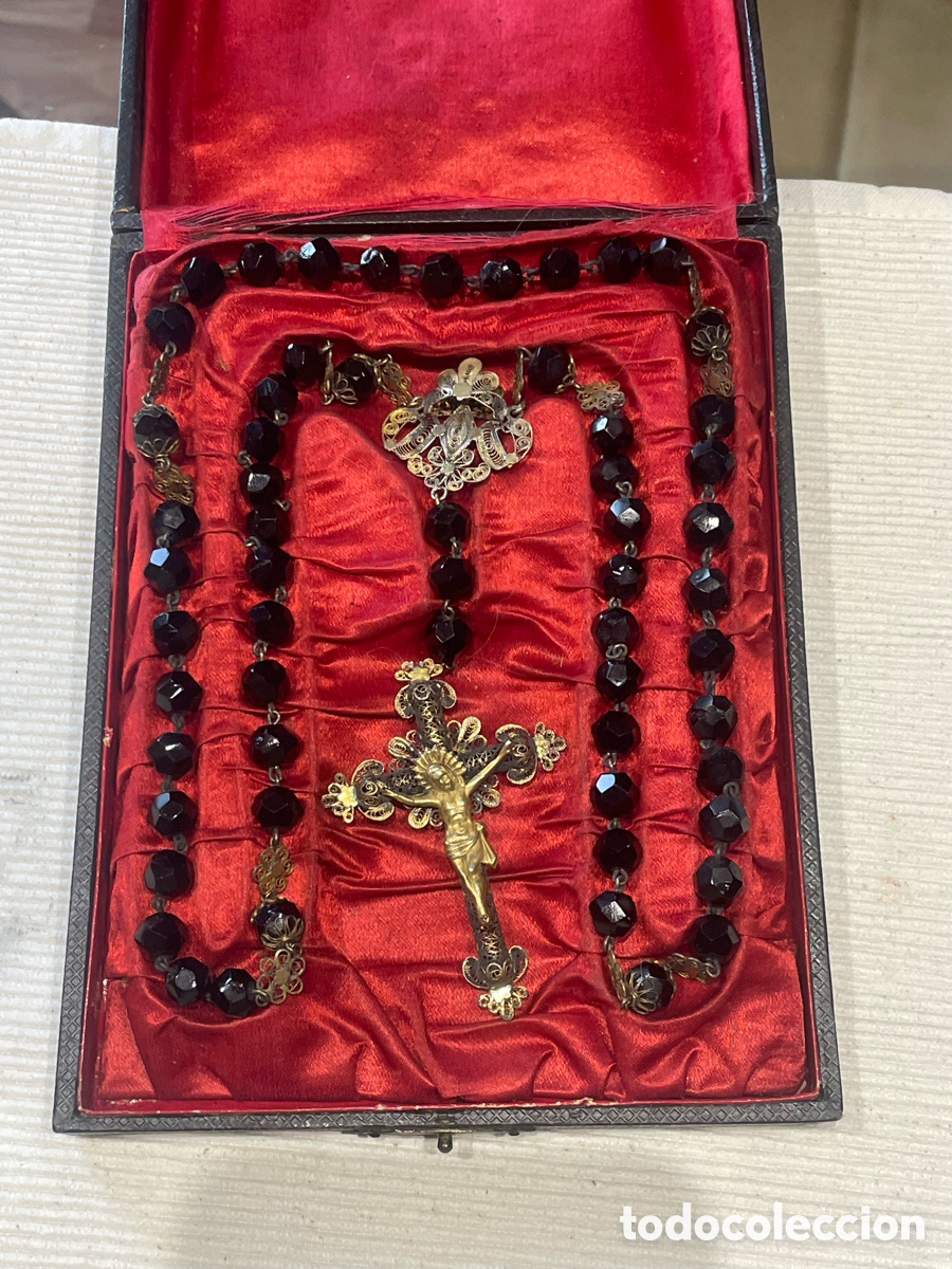 Antiques: ANTIGUO ROSARIO DE AZABACHE FACETADO Y FILIGRANA DE PLATA