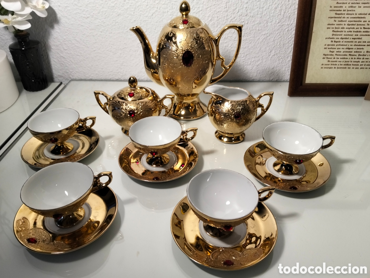 Antig&uuml;edades: Espectacular Juego de Caf&eacute; Vintage Winterling Bavaria Oro 24k y Rub&iacute;es