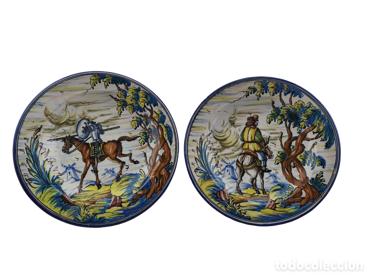 Antiques: Pareja de Platos de Cer&aacute;mica Policromada para Colgar - Escenas de Don Quijote y Sancho Panza (S. XX)