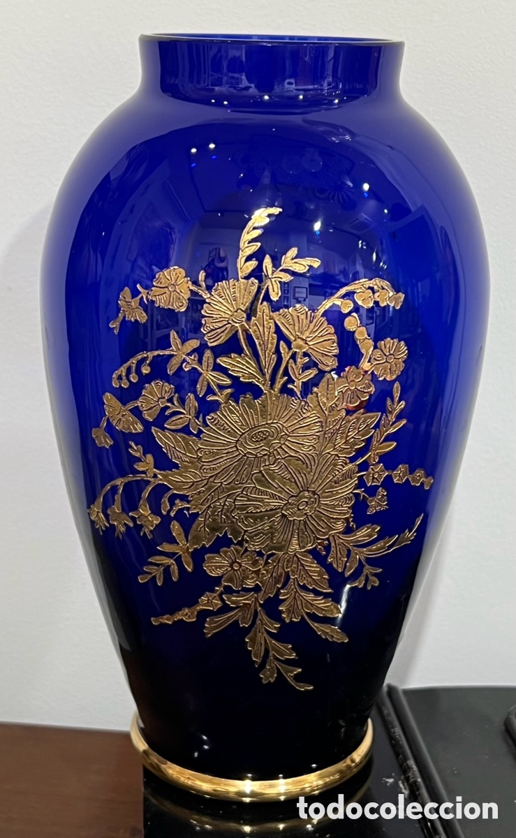 Antig&uuml;edades: Jarr&oacute;n / Florero. Cristal Azul cobalto y oro. Mid-Century.