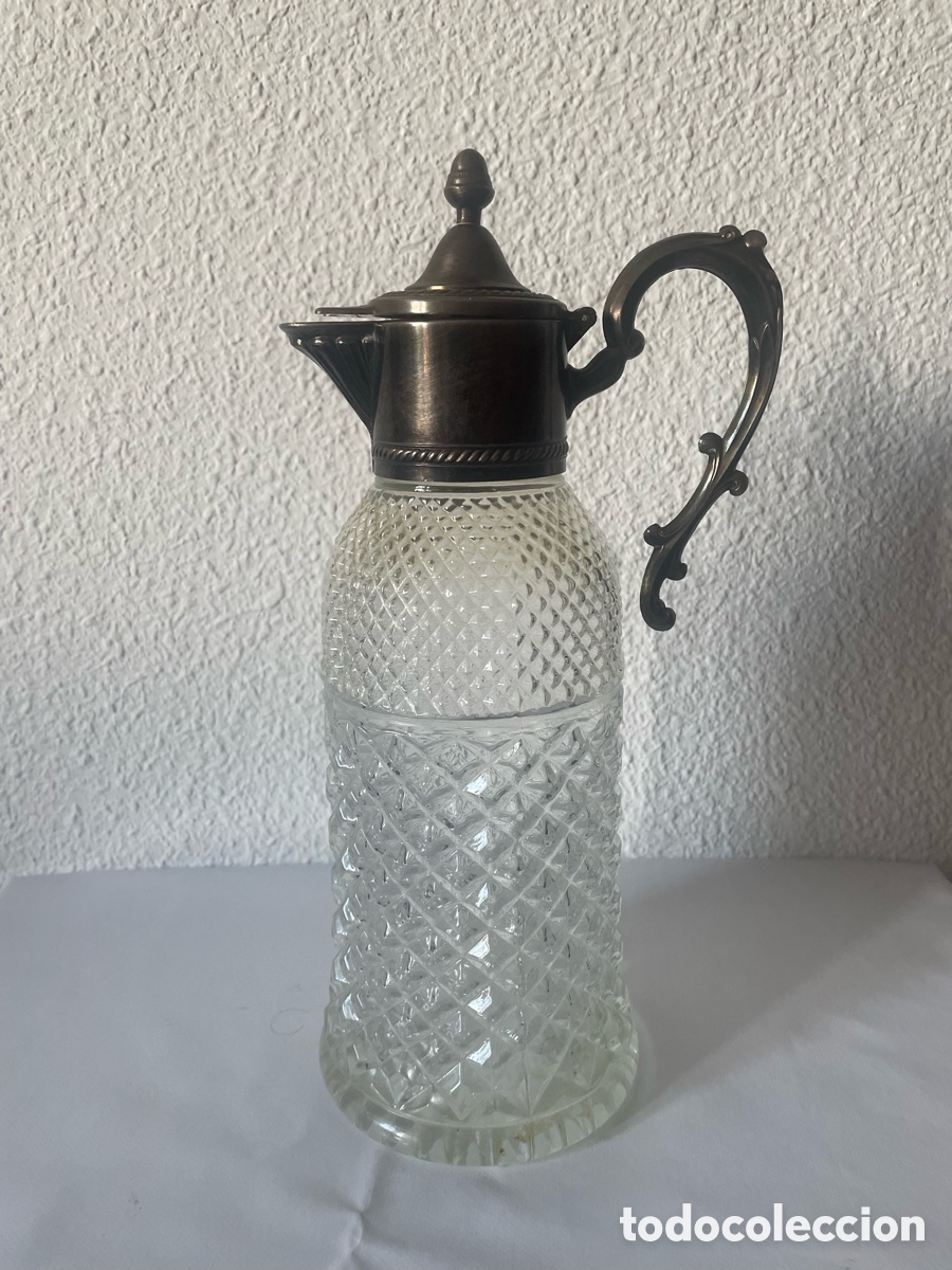 Antig&uuml;edades: Jarra decantadora cristal tallado rombos montura metal plateado Italy vintage