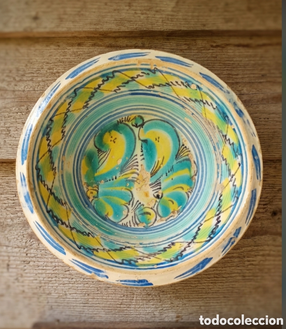 Antig&uuml;edades: Antiguo Lebrillo de Fajalauza (Granada) - 42 cm Ancho - Serie Verde y Amarilla