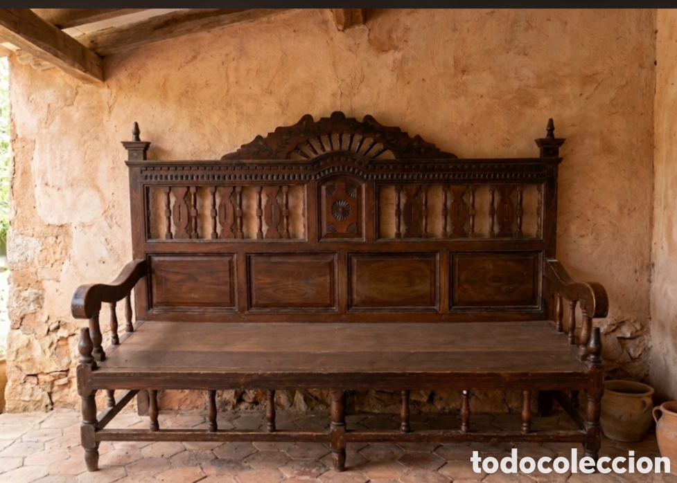 Antig&uuml;edades: Antiguo Banco / Esca&ntilde;o de Madera Policromada - Estilo R&uacute;stico (190 cm)