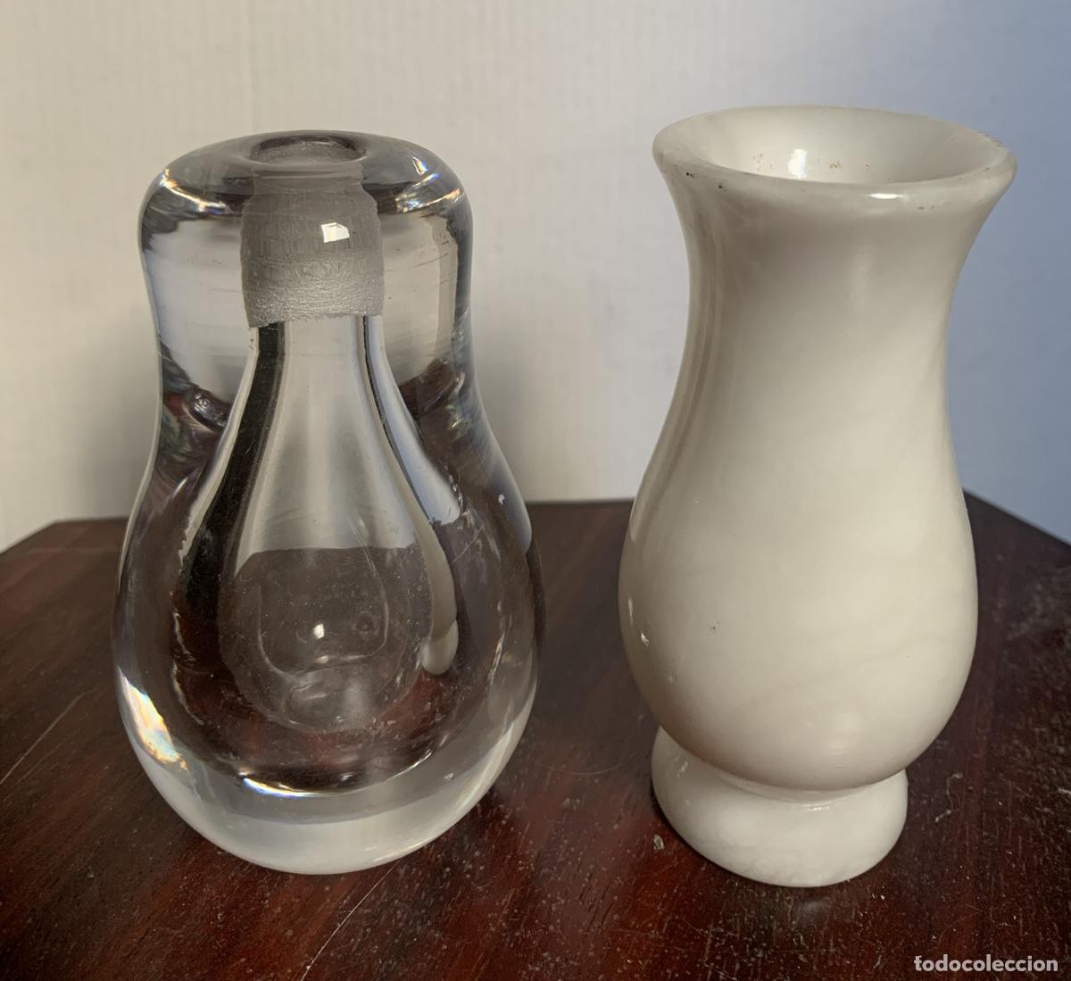 Antig&uuml;edades: Pareja de Portavelas Mini - Cristal Art&iacute;stico con Gota y Alabastro Tallado - Vintage - An&oacute;nimo (Esti
