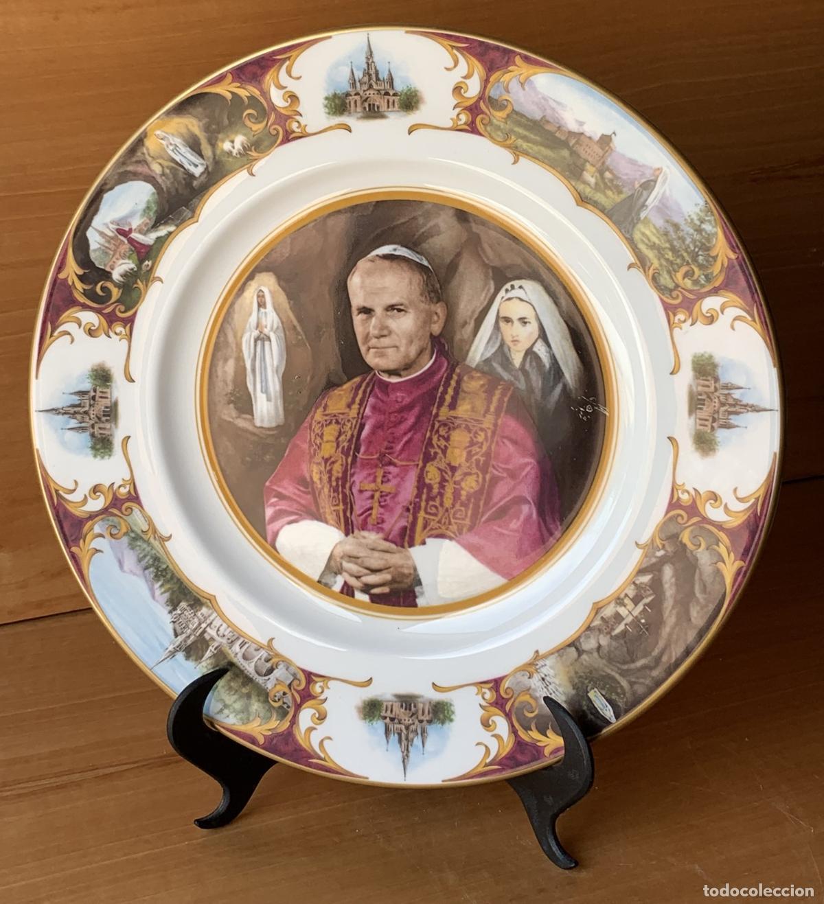 Antig&uuml;edades: Plato Conmemorativo Porcelana - Retrato Papa Juan Pablo II y Santuarios - 27 cm - An&oacute;nimo