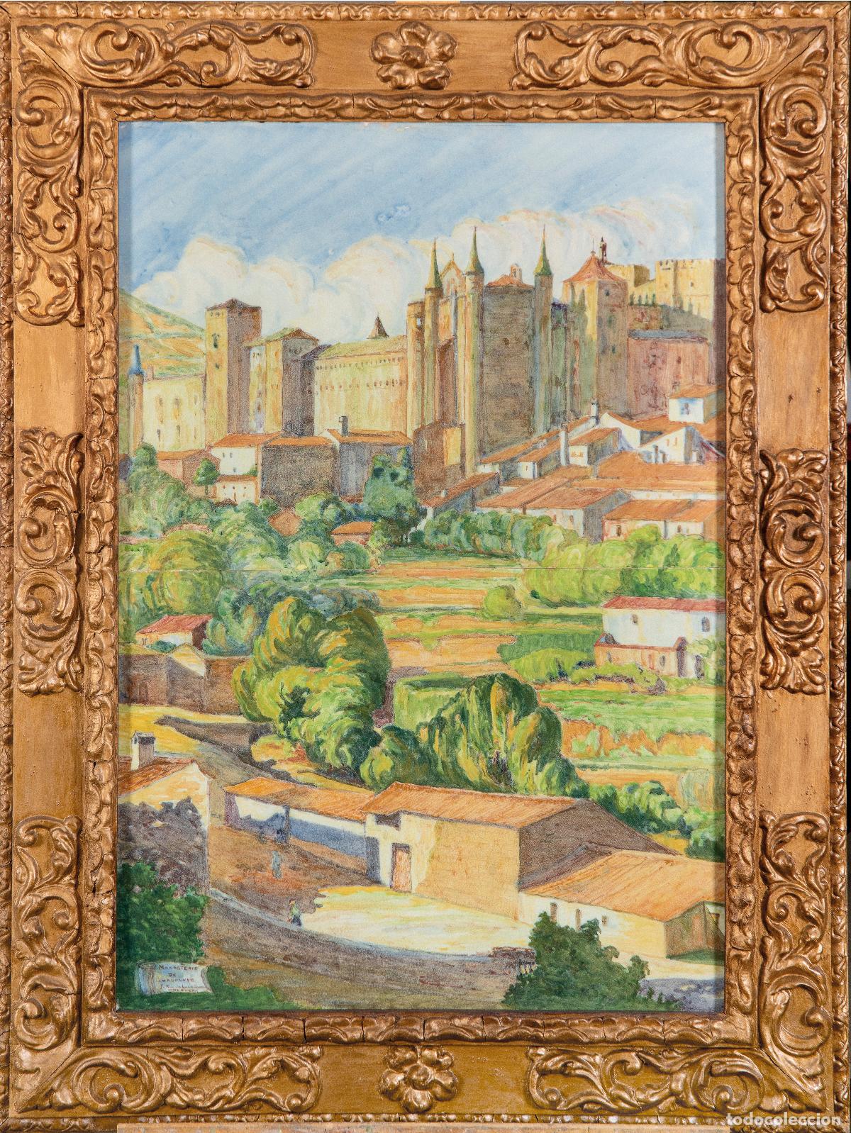 Antig&uuml;edades: Guadalupe y su Real Monasterio panel mural de dos azulejos cer&aacute;mica esmaltada Ruiz de Luna siglo XX