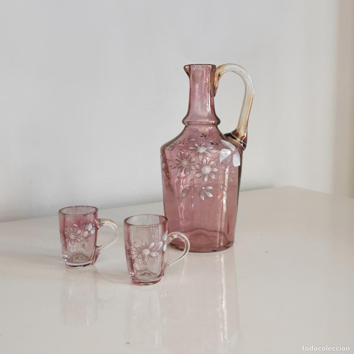 Antig&uuml;edades: Licorera Antigua Cristal Rosa Irisado Soplado Francesa Art Nouveau Vasos a Juego