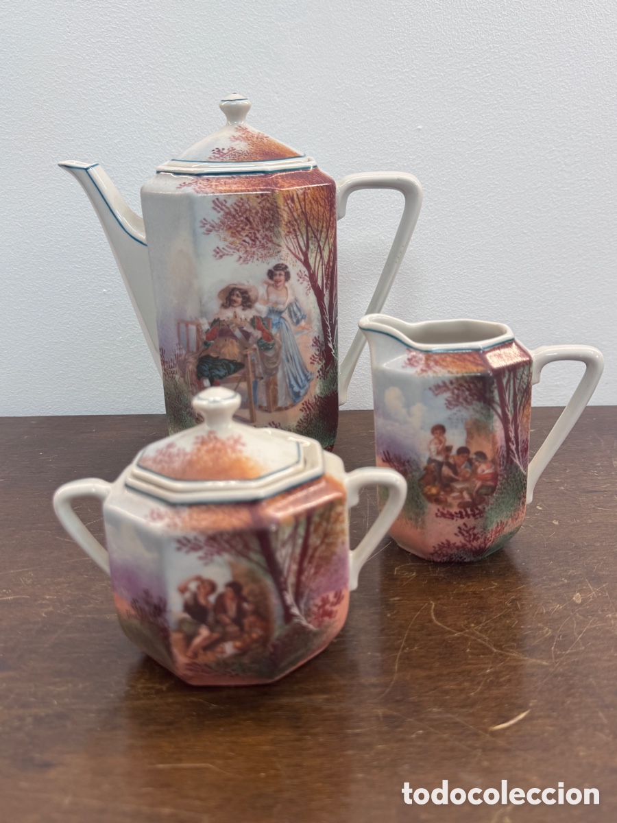 Antig&uuml;edades: Juego caf&eacute; Pontesa Villarreal vintage a&ntilde;os 60 escenas galantes cer&aacute;mica espa&ntilde;ola