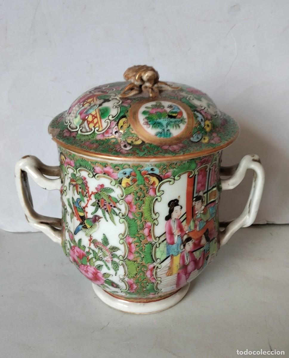 Antig&uuml;edades: Azucarero con tapa de porcelana chin&aacute; Cia de IndiasFamila rosa 1800