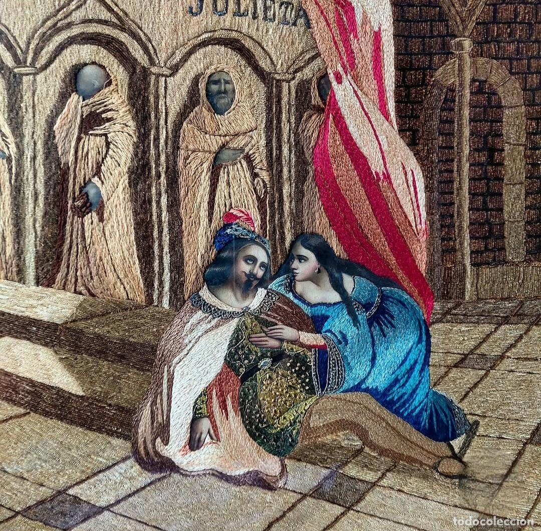 Antig&uuml;edades: Antiguo cuadro. Tapiz bordado con hilos de seda. Litograf&iacute;a coloreada. XIX