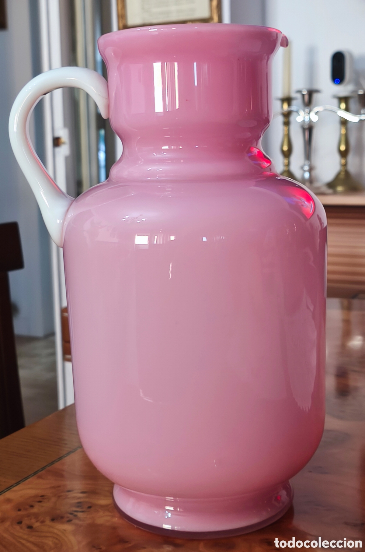 Antig&uuml;edades: Jarra italiana vintage de vidrio Opalino rosa ,a&ntilde;os 50.