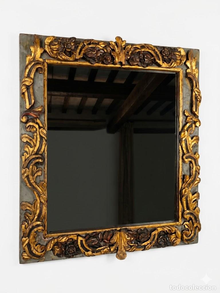 Antiguidades: ANTIGUO ESPEJO DE ESTILO BARROCO. MADERA POLICROMADA Y ESTOFADA EN ORO. ESPA&Ntilde;A. SIGLOS XVIII-XIX.