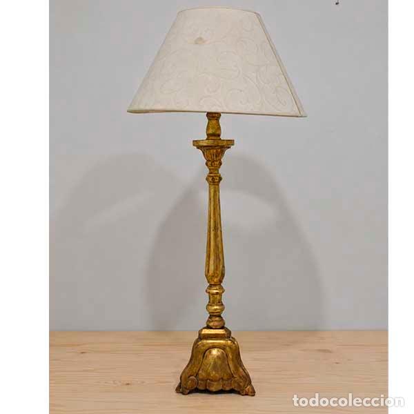 Antig&uuml;edades: L&aacute;mpara mesa pie dorado madera - Foto 1