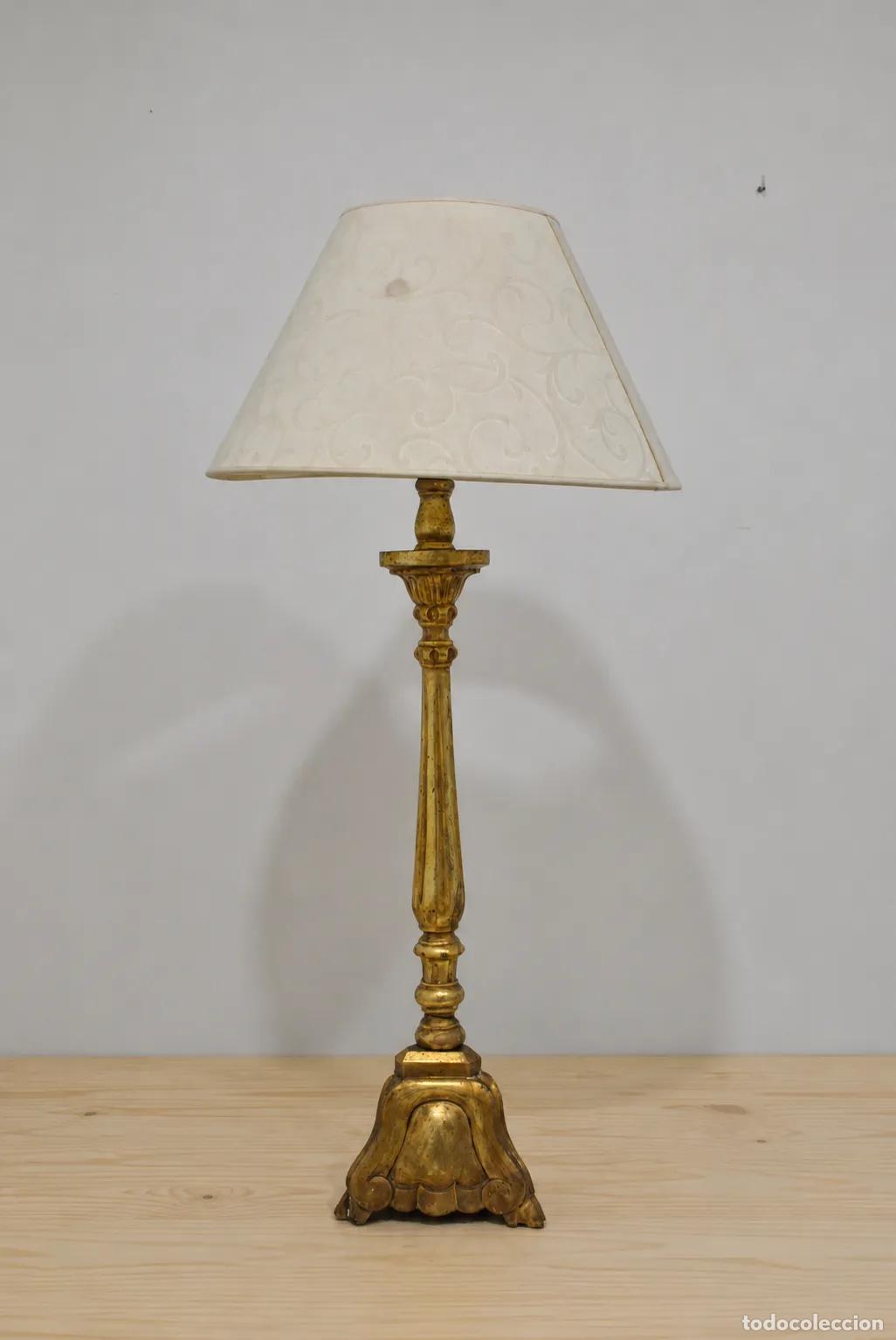 Antig&uuml;edades: L&aacute;mpara mesa pie dorado madera - Foto 2