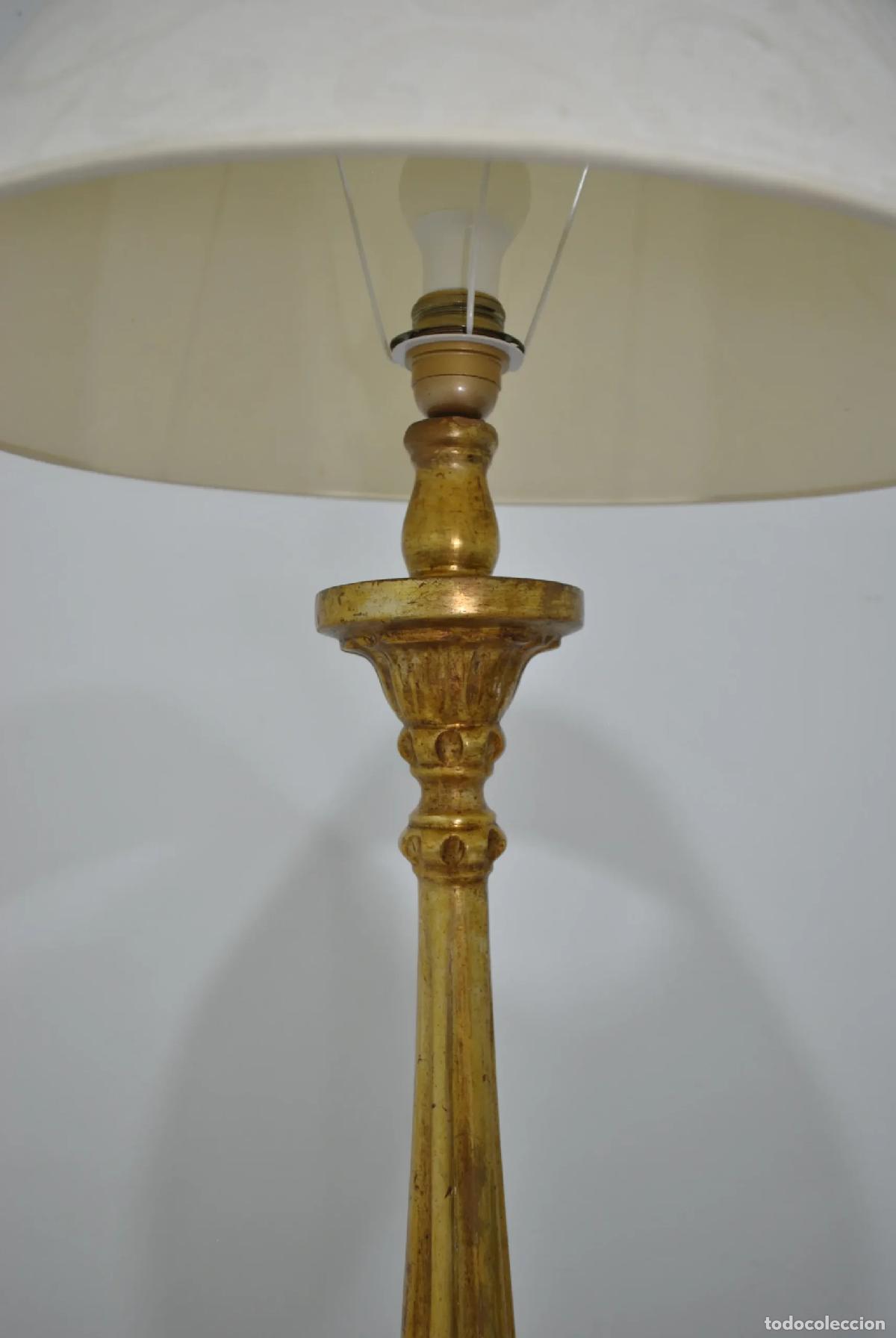 Antig&uuml;edades: L&aacute;mpara mesa pie dorado madera - Foto 3