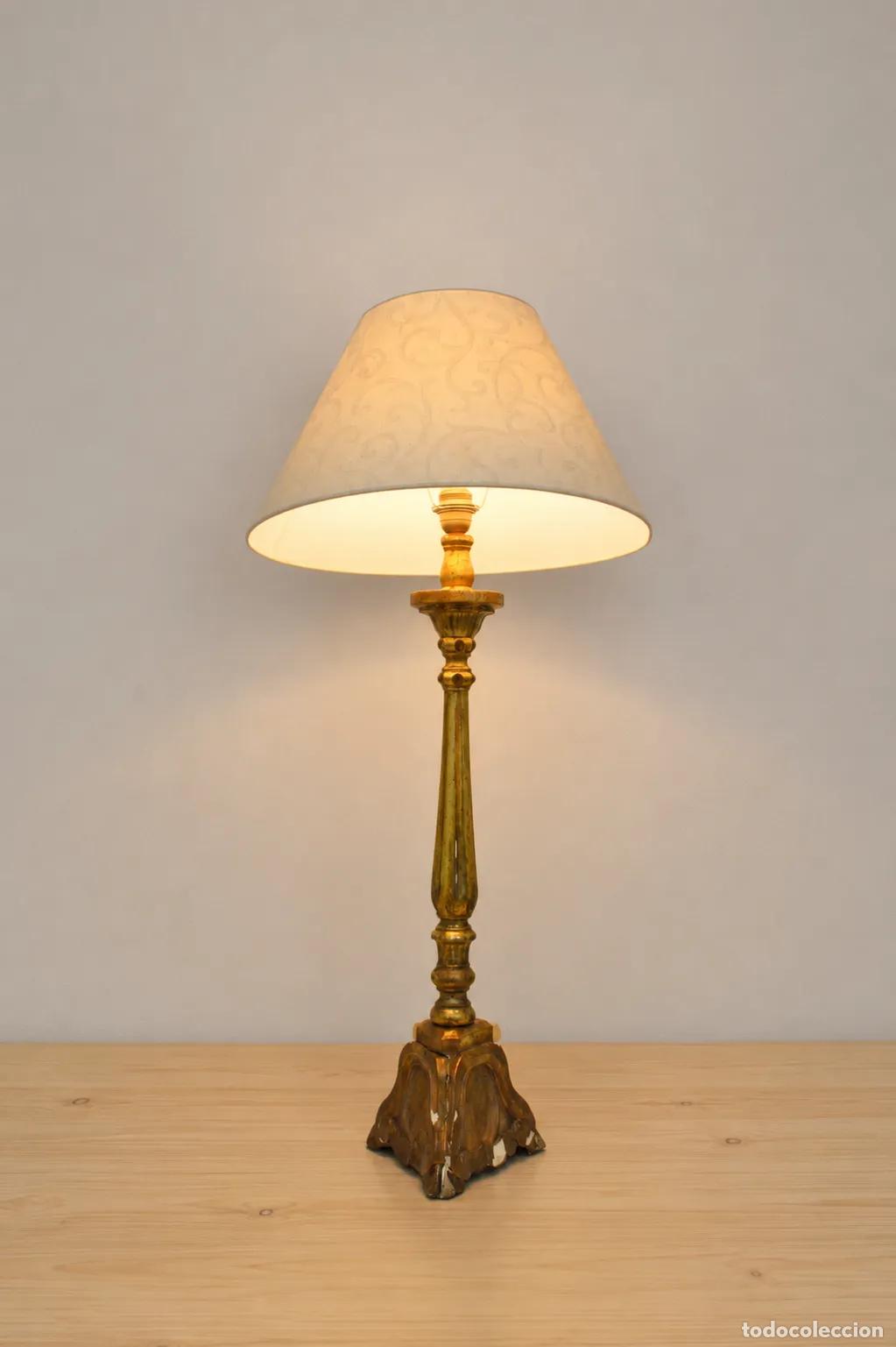Antig&uuml;edades: L&aacute;mpara mesa pie dorado madera - Foto 5