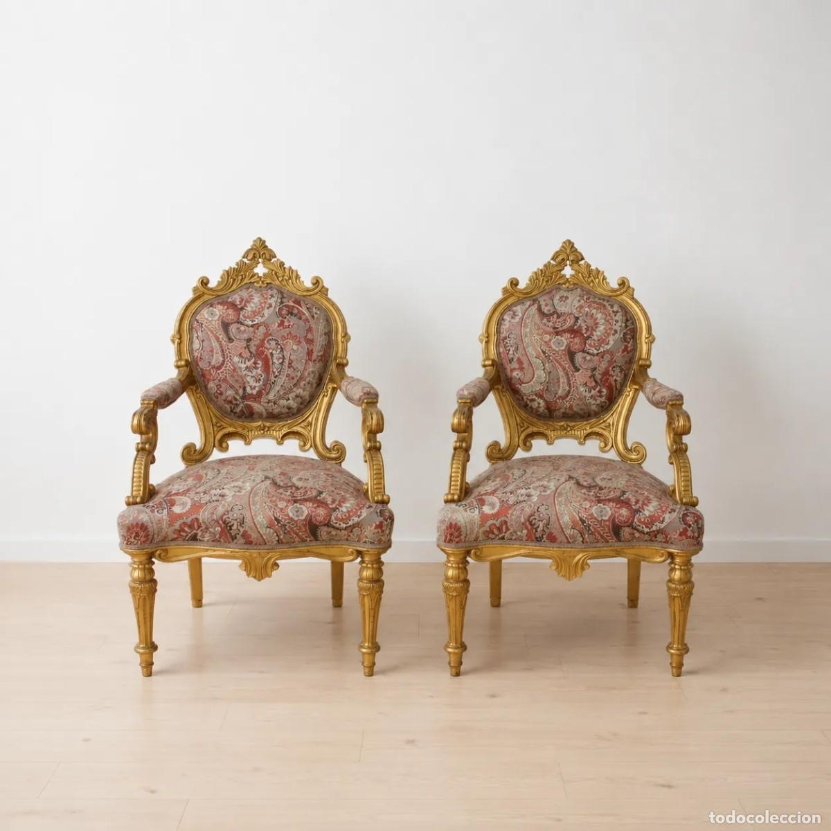 Antiquit&eacute;s: PAREJA DE SILLONES LUIS XV ORO TAPICER&Iacute;A CACHEMIR