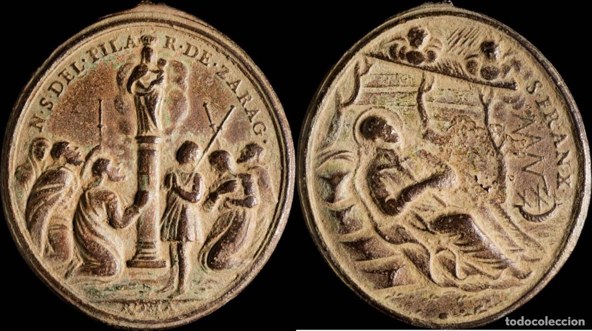 Antiguidades: Medalla Siglos XVI-XVII Virgen del Pilar / S. Francisco Javier - 46x41 mm.