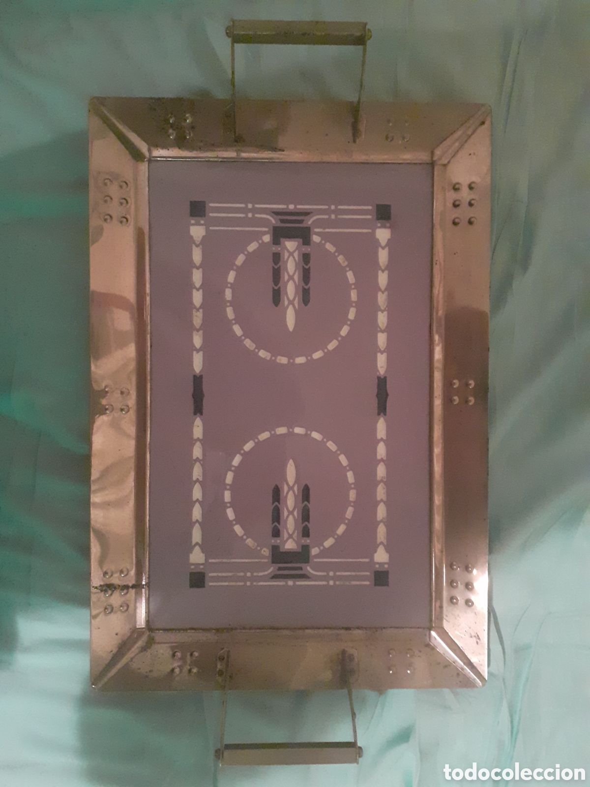 Antig&uuml;edades: IMPECABLE BANDEJA ART DEC&Oacute;. HACIA 1920. METAL Y CER&Aacute;MICA. 43 X 26 CM
