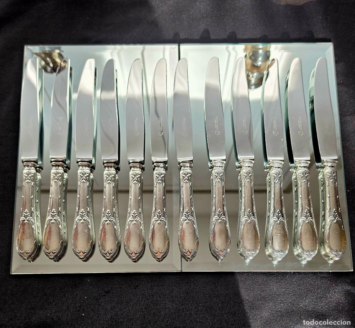 Antig&uuml;edades: Lote de 12 cuchillos de mesa en Metal Plata Noguet Mediados S.XX Estilo Luis XV Rococ&oacute; Floral