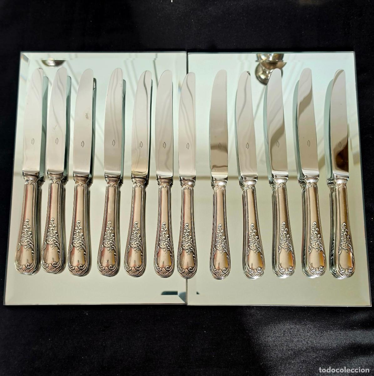Antig&uuml;edades: Lote de 12 cuchillos de mesa en Metal Plata Noguet Mediados S.XX Estilo Luis XV Rococ&oacute; Floral