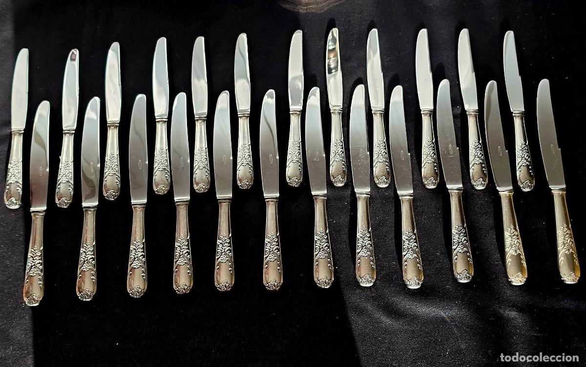 Antig&uuml;edades: Lote 12 Cuchillos Vintage en Metal Plateado Franc&eacute;s Estilo Luis XV Rococ&oacute;