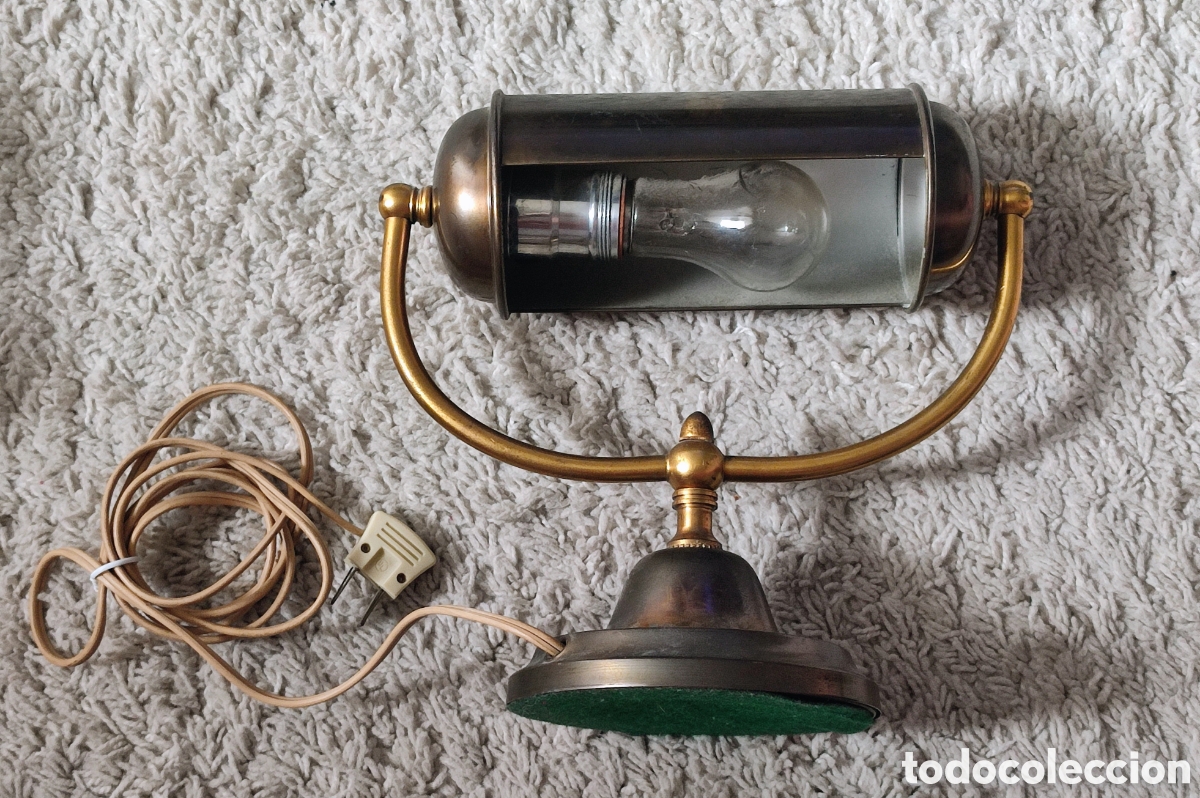 Antig&uuml;edades: L&aacute;mpara de escritorio/banquero vintage Art D&eacute;co con pantalla orientable, &oacute;nix y lat&oacute;n funciona