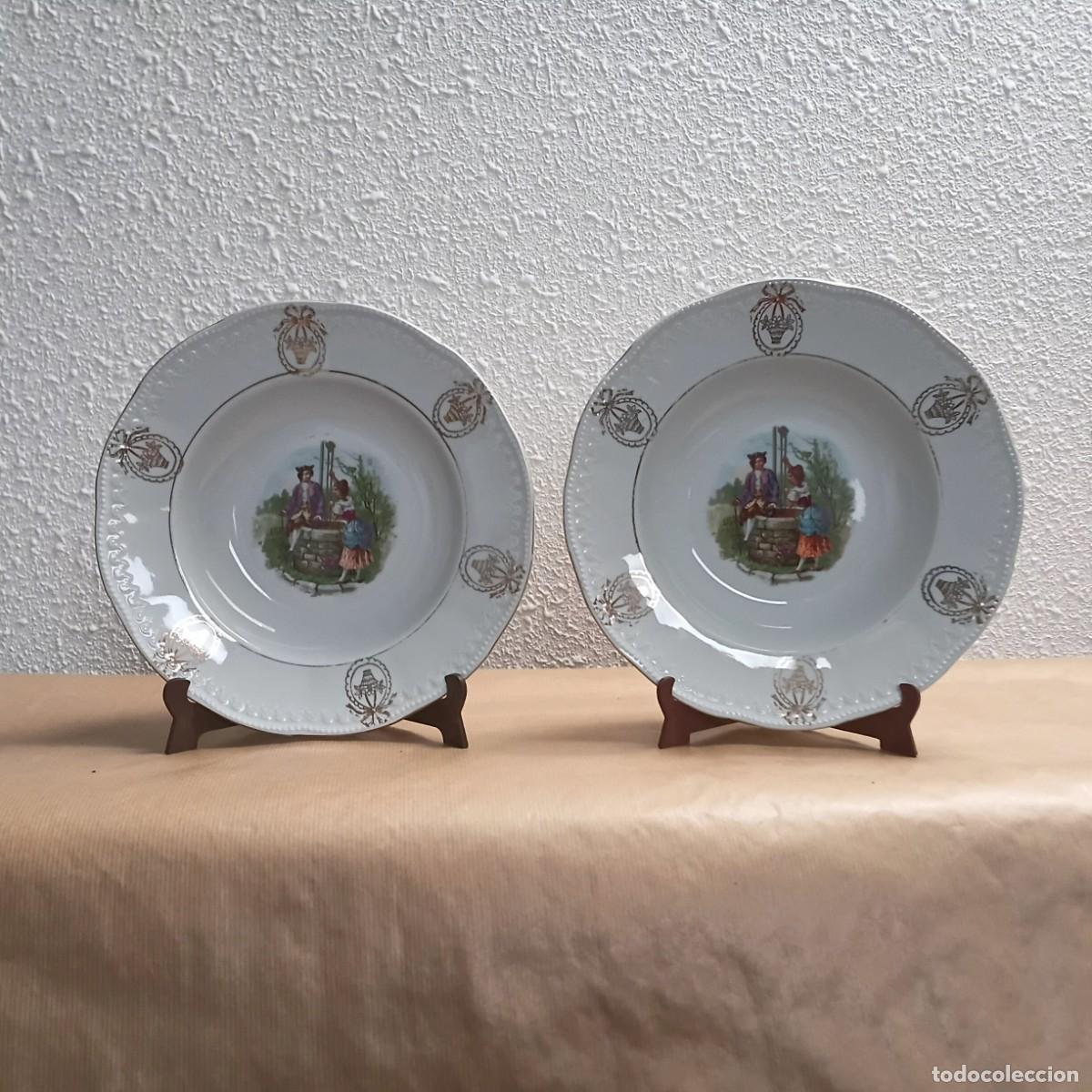 Antig&uuml;edades: Lote 2 platos antiguos porcelana con motivos cl&aacute;sicos S.XVIII Pickman La Cartuja de Sevilla