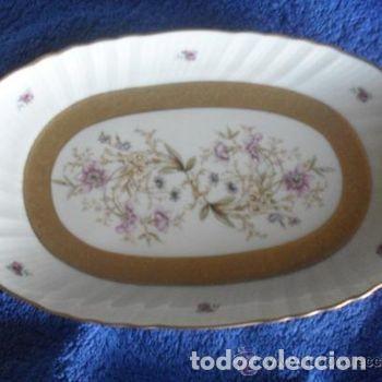 Antig&uuml;edades: FUENTE PORCELANA Firma de Plata LUGONES OVIEDO Grabado Oro Ley Flores Bandeja 22x14cm PEIFER