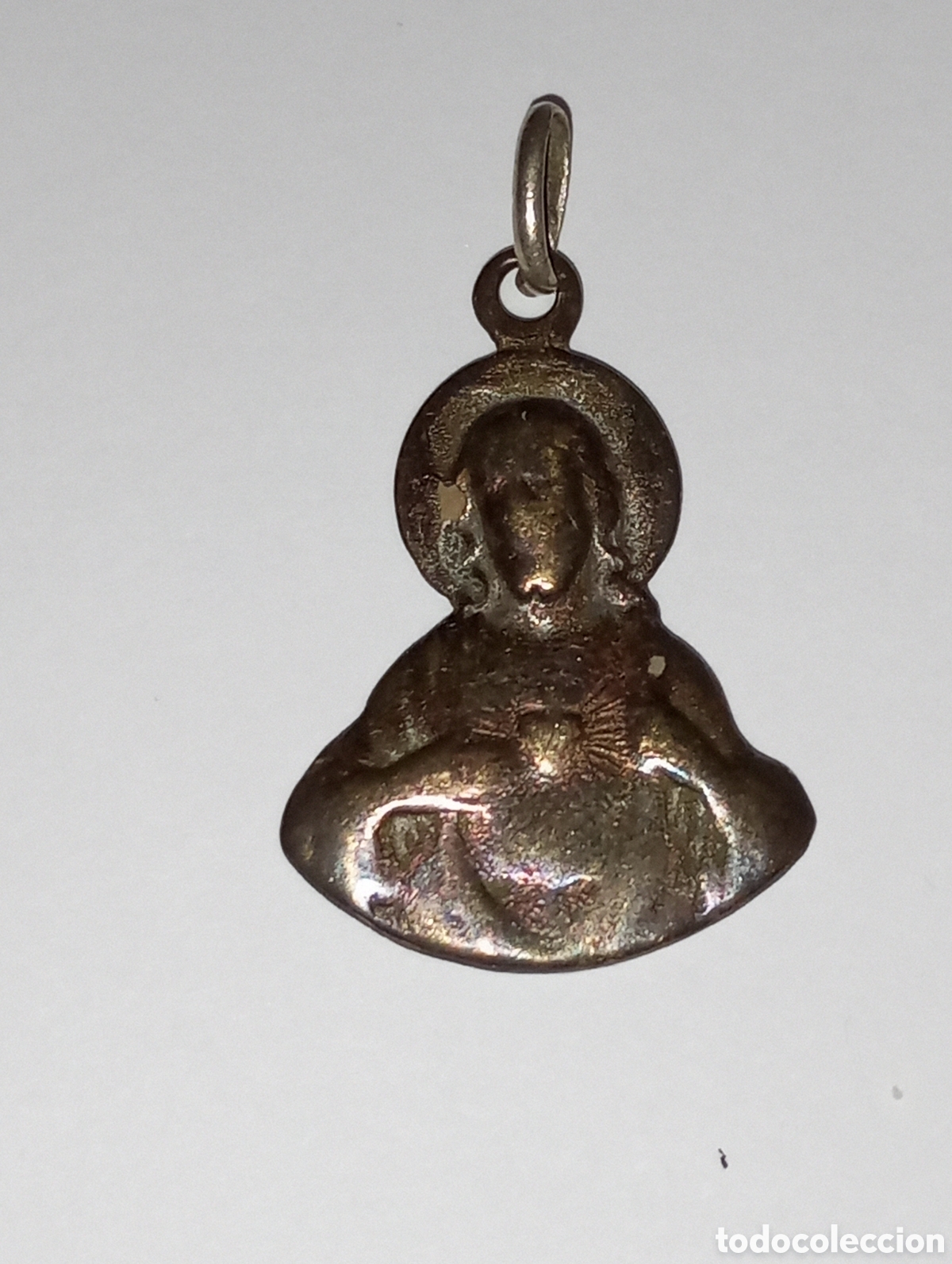Antig&uuml;edades: Muy antigua medalla sagrado coraz&oacute;n de Jes&uacute;s En bronce 27 mm longuitud