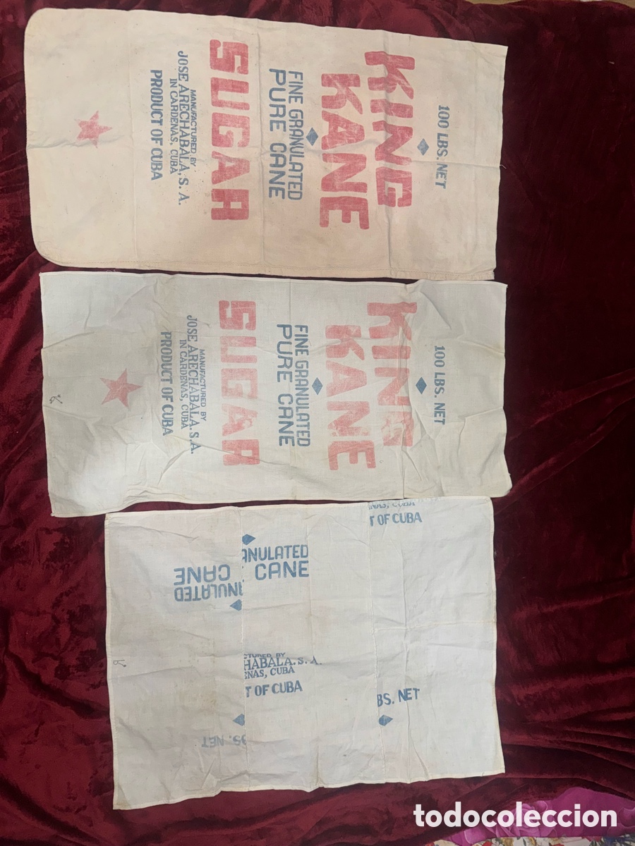 Antig&uuml;edades: Lote 3 sacos originales de az&uacute;car cubana King Kane &ndash; Vintage &ndash; Cuba