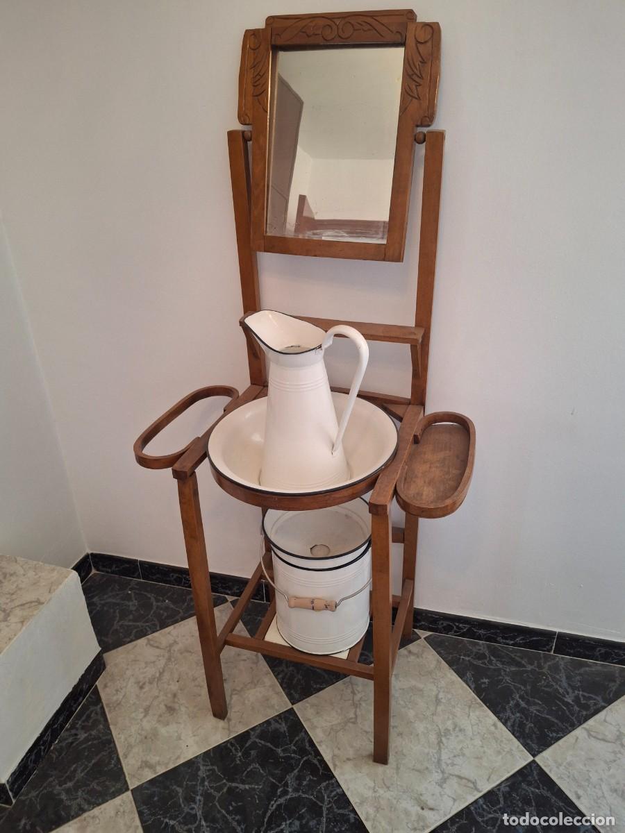 Antiguidades: Antiguo Lavabo Palanganero De Madera Completo - Loza Fina De San Claudio (Oviedo) - Cortijo Andaluz