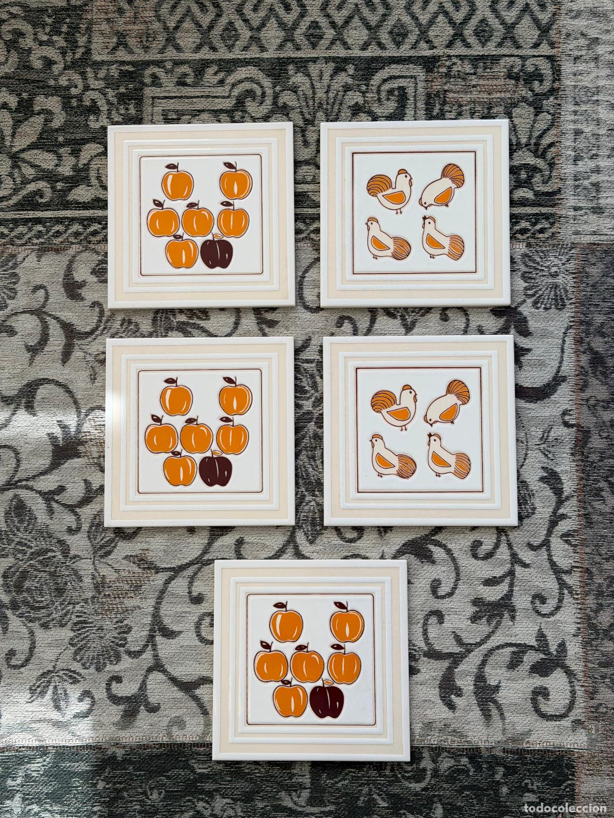 Oggetti Antichi: AZULEJOS COCINA A&Ntilde;OS 60-70 HECHOS EN ITALIA FRUTAS Y P&Aacute;JAROS - 5 UNIDADES