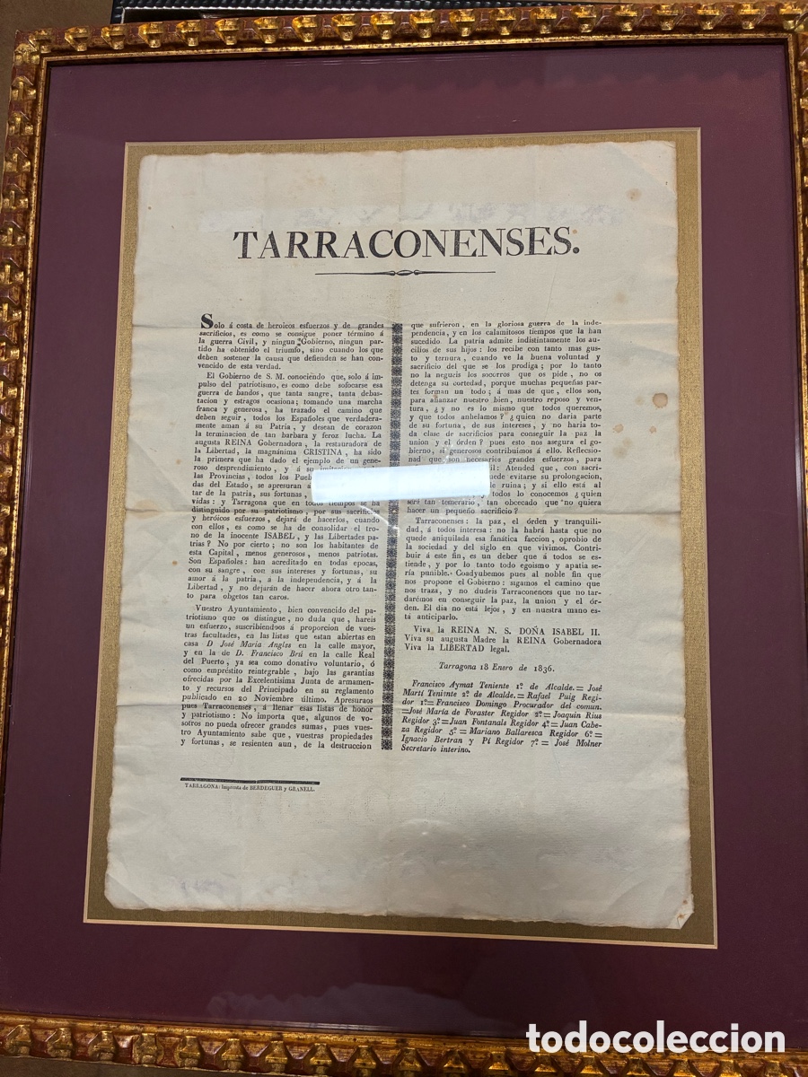 Antig&uuml;edades: Antiguo bando &ldquo;Tarraconenses&rdquo; 1836 Guerra Carlista Tarragona Imprenta Berdeguer Granell Enmarcado