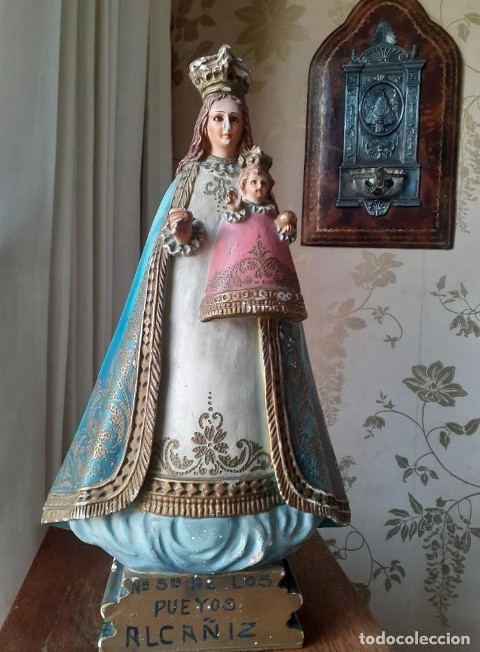 Antig&uuml;edades: Virgen Santuari Pueyos antigua figura ojos cristal estuco patrona Alca&ntilde;iz Teruel &uacute;nica Todocoleccion