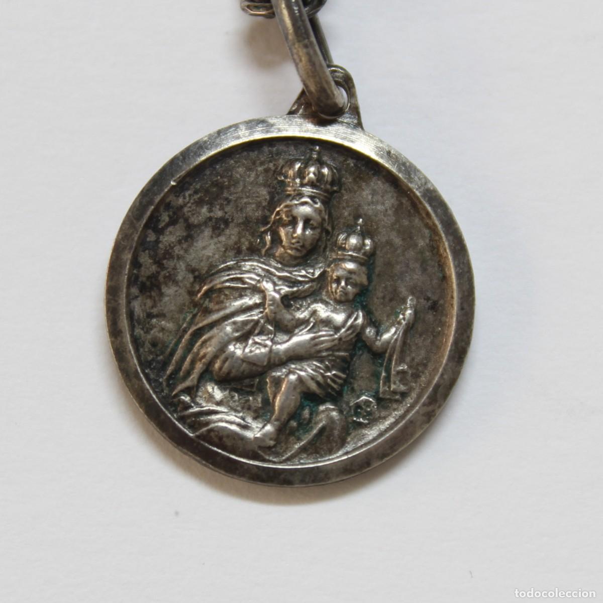 Antig&uuml;edades: Antigua Medalla Religiosa Plata Virgen del Carmen y Sagrado Coraz&oacute;n Jes&uacute;s c.1940