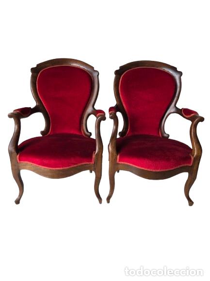 Oggetti Antichi: Pareja de Sillones Isabelinos - Madera de Jacaranda - Tapicer&iacute;a en Terciopelo Rojo - S.XIX