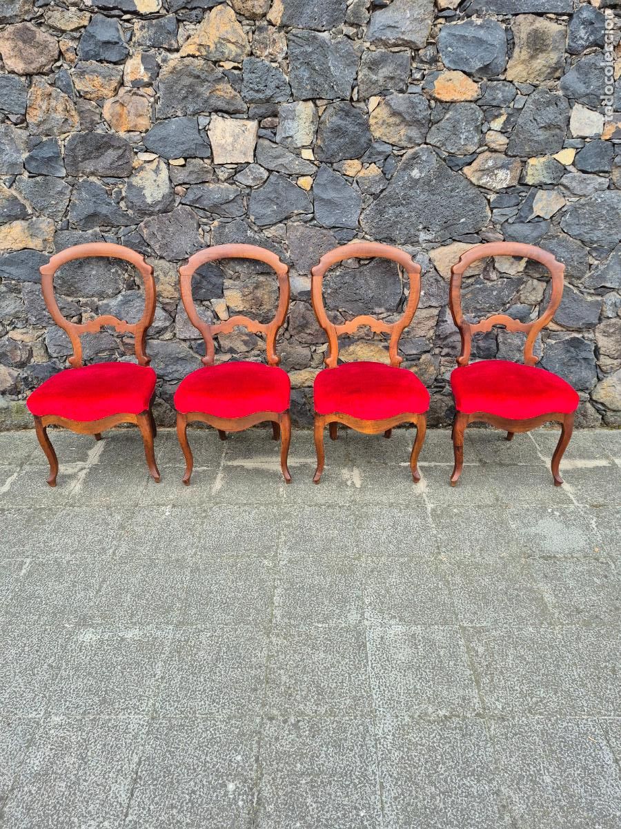 Antig&uuml;edades: Sillas Isabelinas - Madera de Nogal - Tapicer&iacute;a en Terciopelo Rojo - S.XIX -Tapicer&iacute;a en Buen Estado