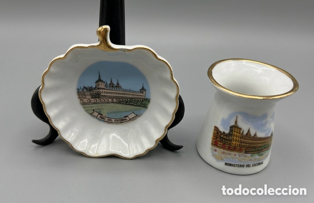 Antiquit&auml;ten: (L877) Pareja piezas porcelana Monasterio Escorial platillo y palillero