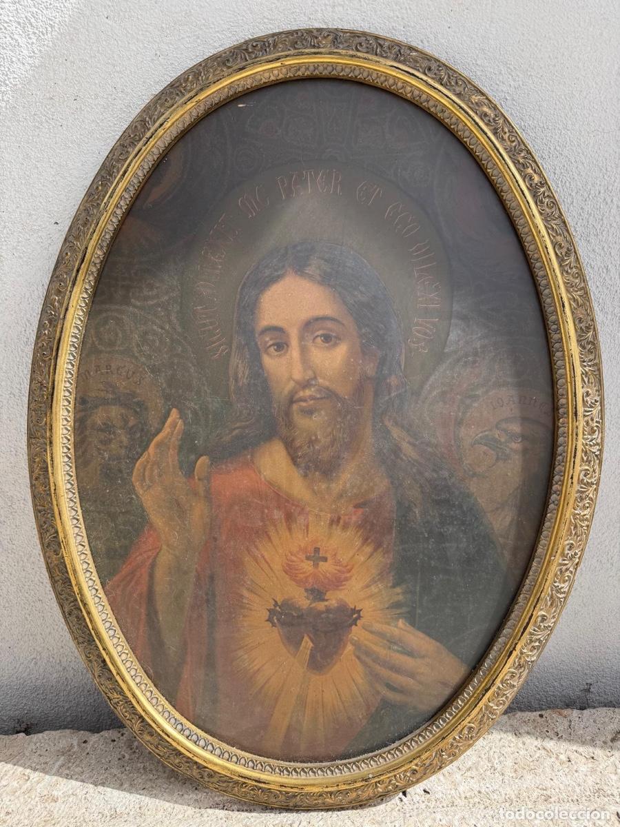 Antig&uuml;edades: Cromolitografia oval enmarcada sagrado coraz&oacute;n Marco y vidrio 80x59cms