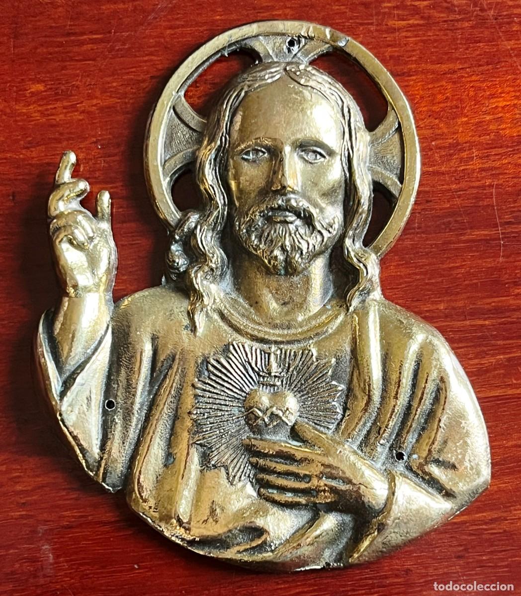 Antig&uuml;edades: ANTIGUA PLACA PARA PUERTA DE BRONCE, SAGRADO CORAZON DE JESUS. EXCELENTE CALIDAD Y PESO, MIDE 10,5 X