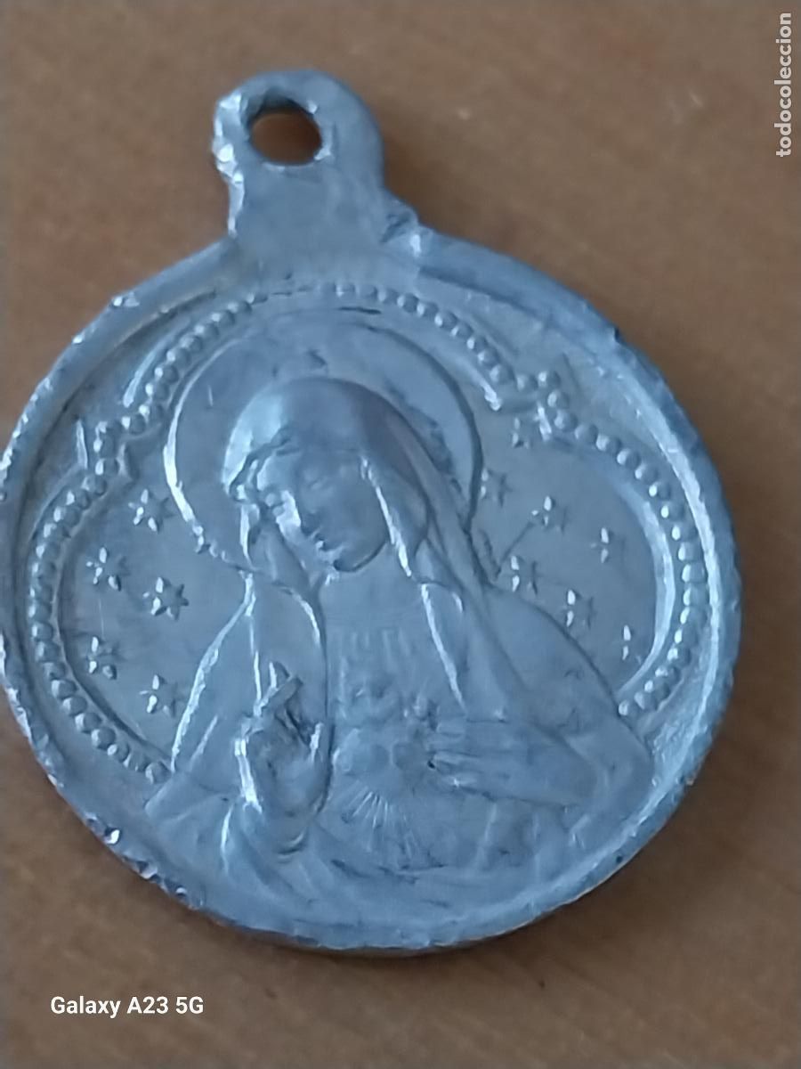 Antig&uuml;edades: SAGRADO CORAZON JESUS Y MARIA MEDALLA ALUMINIO 1.88CMS ANTIGUA ORIGINAL