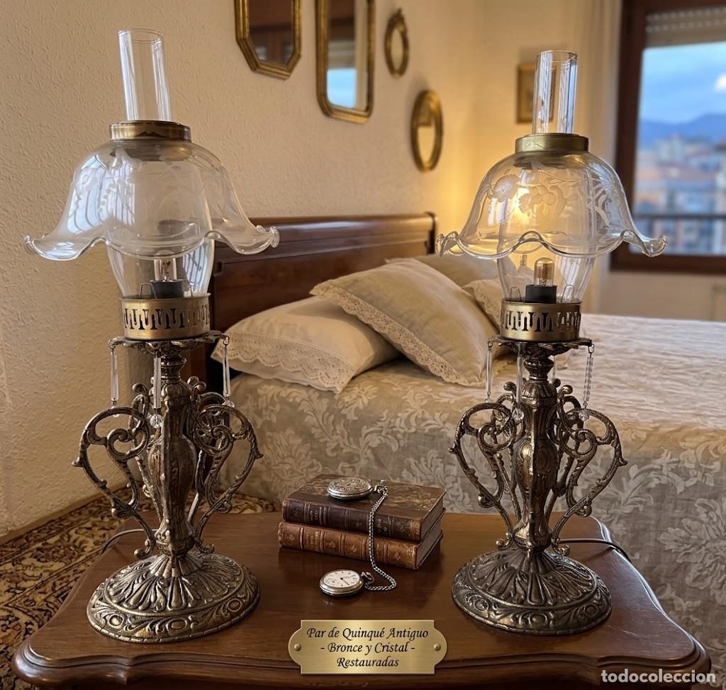 Antig&uuml;edades: Pareja de l&aacute;mparas de sobremesa quinqu&eacute; en bronce