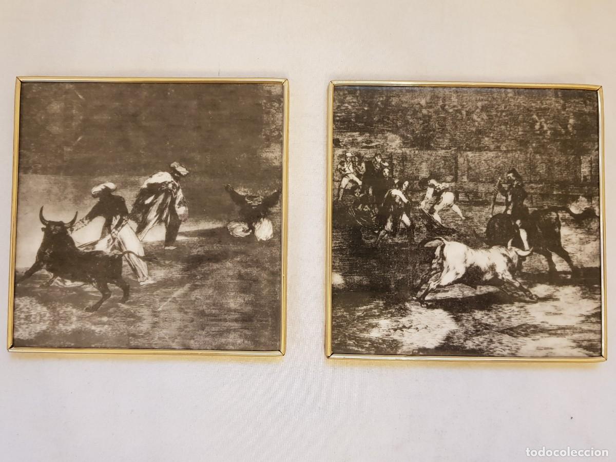 Antig&uuml;edades: Dos azulejos con escenas de los grabados sobre tauromaquia de Goya