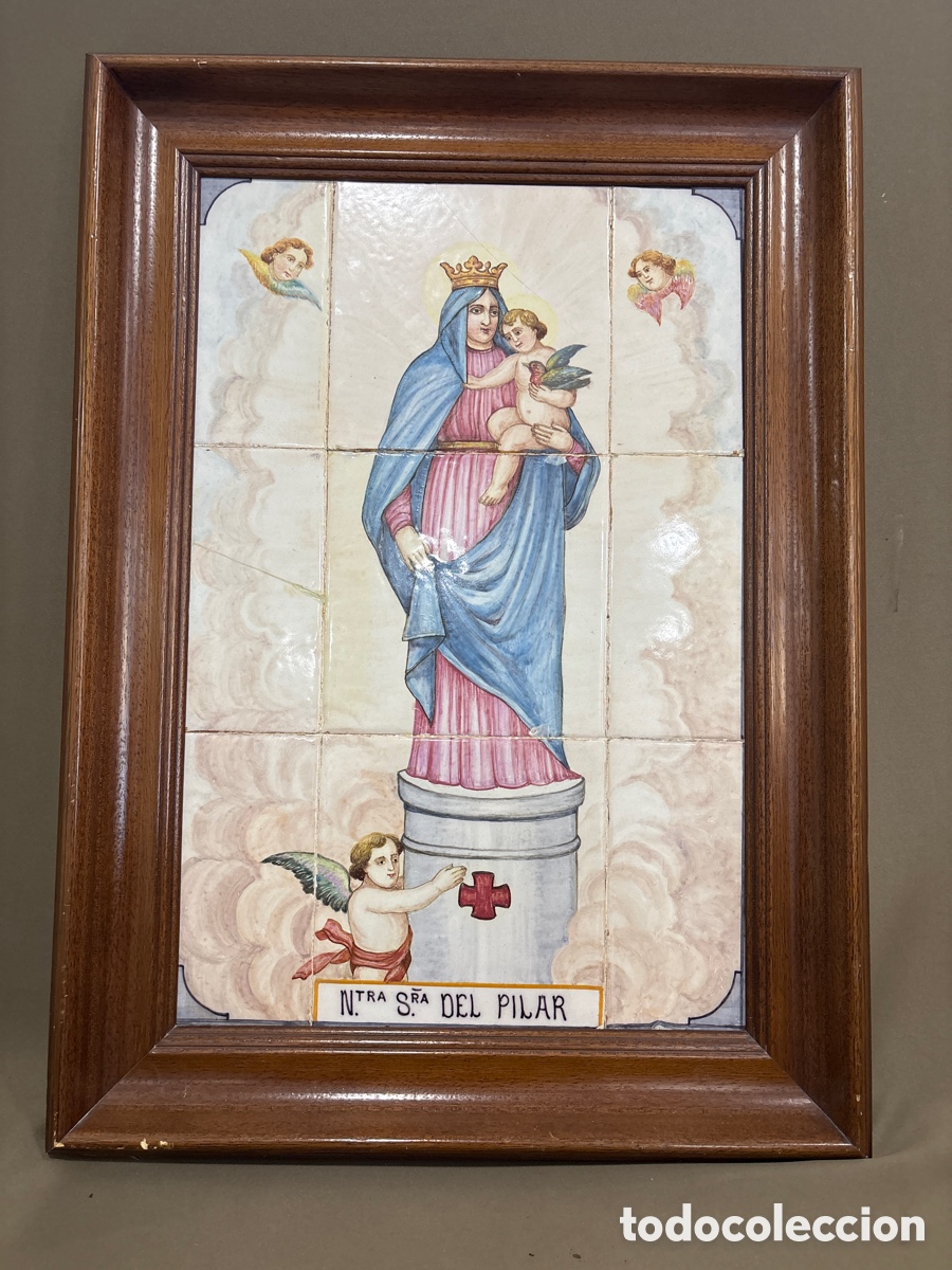 Antiquit&eacute;s: Antigua panel de cer&aacute;mica *MANISES*siglo XIX,VIRGEN DEL PILAR*pintado a mano*VER FOTOS*