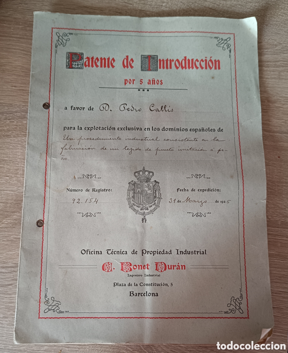 Antig&uuml;edades: Patente industrial 1925 - Lacre y muestras tela - &Uacute;nica