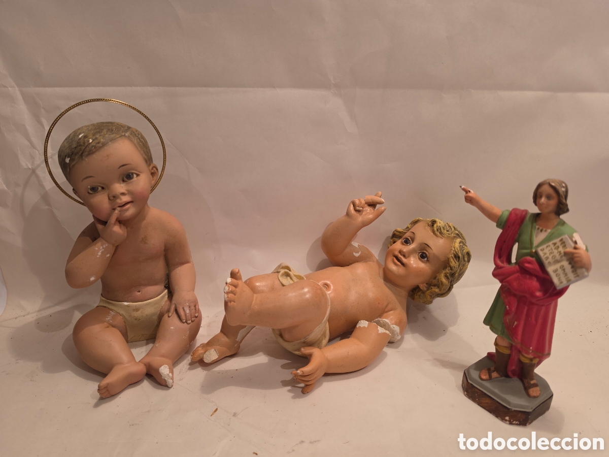 Antig&uuml;edades: NI&Ntilde;O JESUS ESCAYOLA. OJOS DE CRISTAL. OLOT? 2 FIGURAS + SAN PANCRACIO.