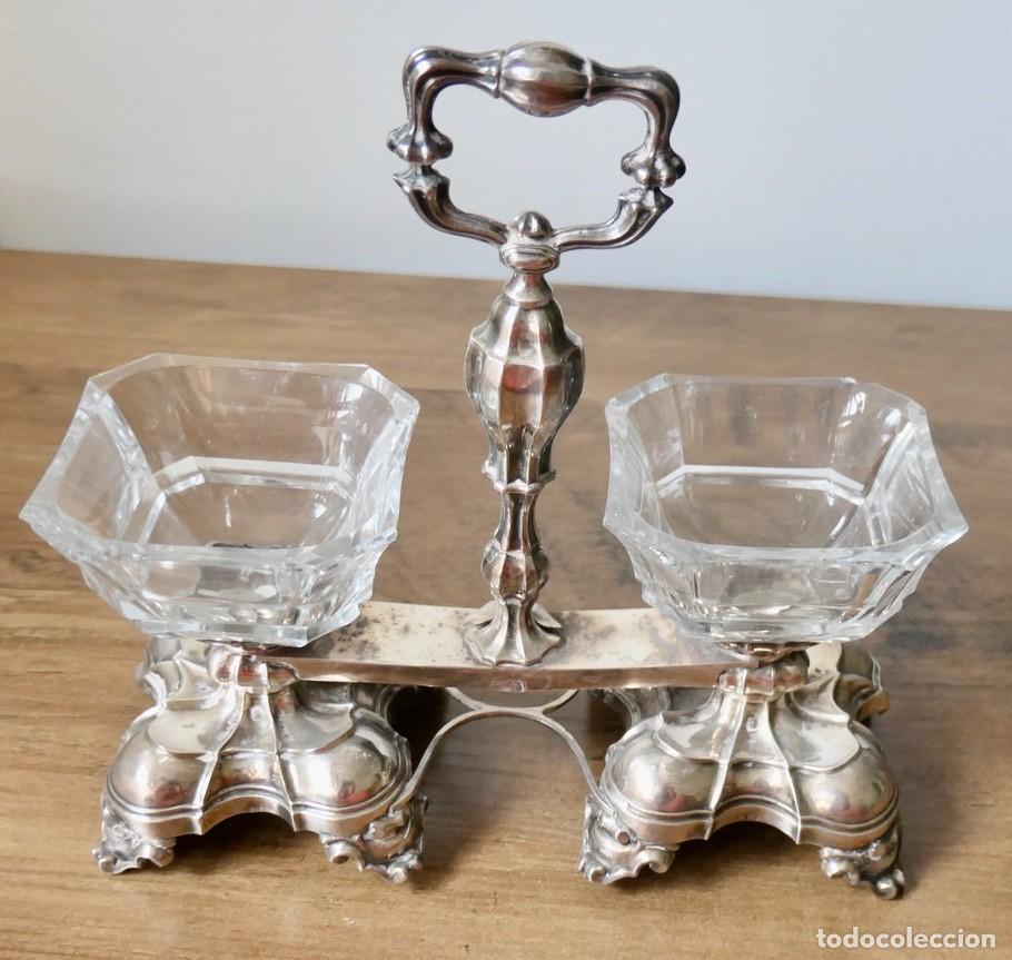 Antig&uuml;edades: salero doble antiguo en plata de ley y cristal tallado estilo franc&eacute;s