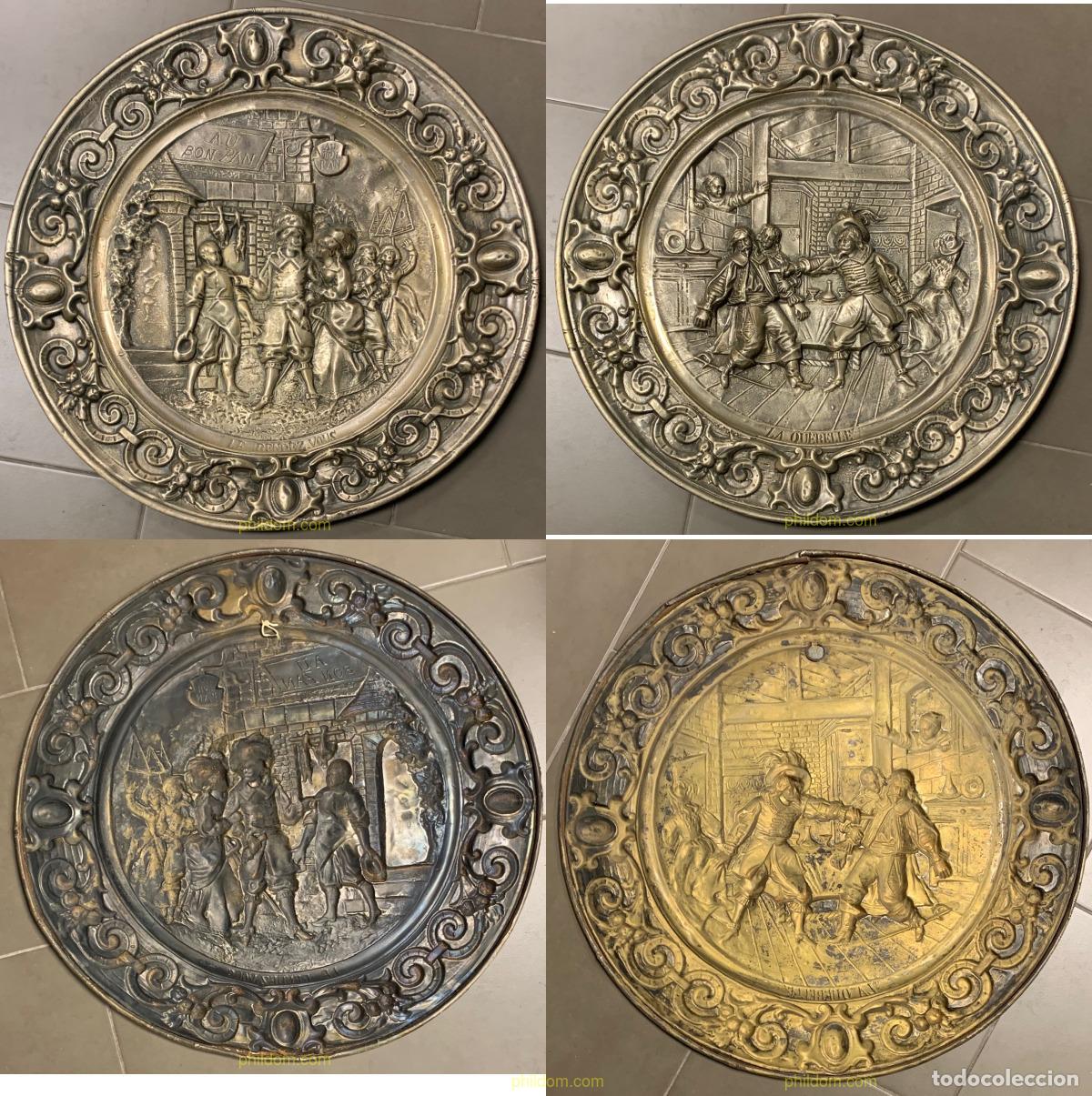 Antig&uuml;edades: 2 Grandes bandejas de laton francesas del siglo XIX. La querelle - Rendez vous